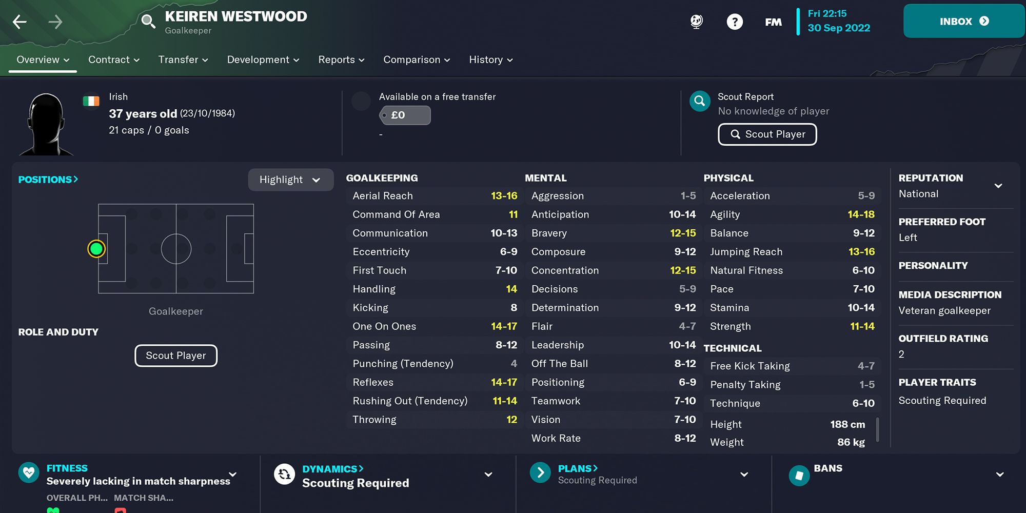 Screenshot of Keiren Westwood In Football Manager 23